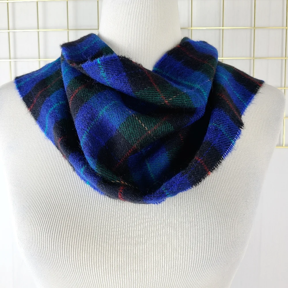 Christian Dior Blue Green Tartan Plaid Fringe Vintage Unisex Scarf